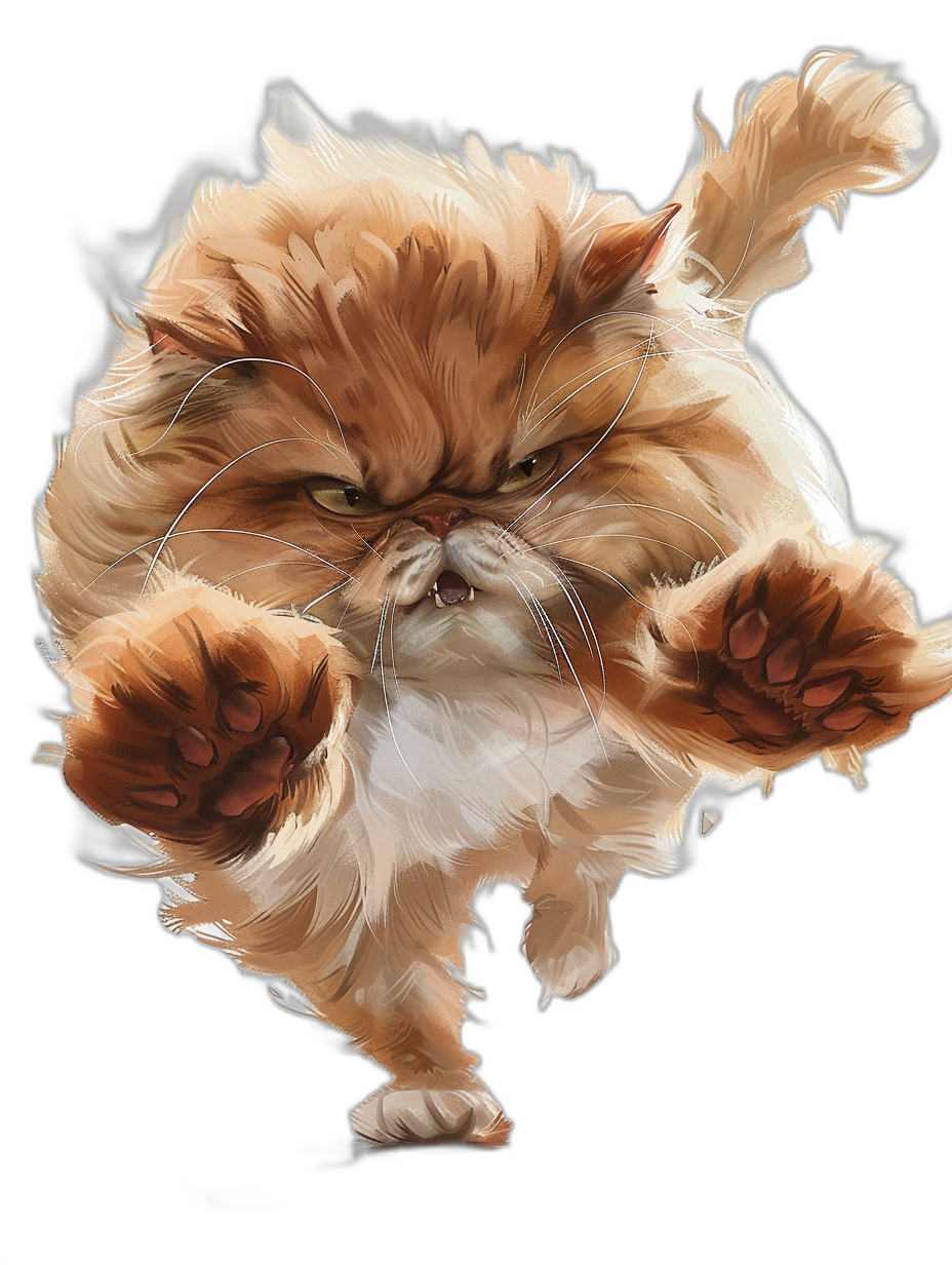 A persian cat jumping in the air, with an angry expression on its face, in the vector art style, on a black background, with high contrast, as a digital painting, with high resolution, and intricate details, as a full body shot, as a fantasy illustration portrait of an anthropomorphic cat with big paws and fluffy fur in the style of [WLOP](https://goo.gl/search?artist%20WLOP), rossdraws, [Krenz Cushart](https://goo.gl/search?artist%20Krenz%20Cushart), [Artgerm](https://goo.gl/search?artist%20Artgerm), [Charlie Bowater](https://goo.gl/search?artist%20Charlie%20Bowater), and [Alphonse Mucha](https://goo.gl/search?artist%20Alphonse%20Mucha).