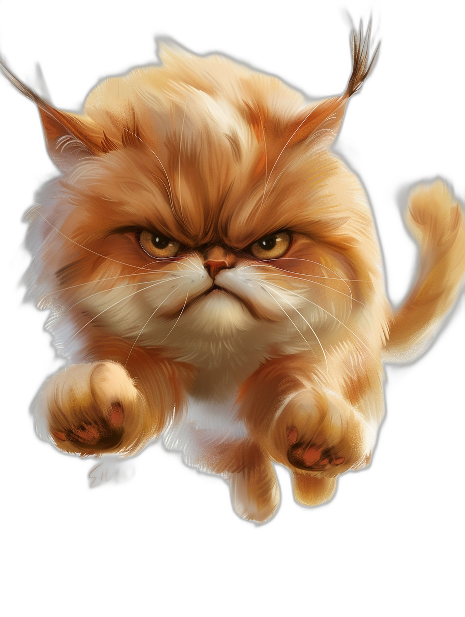 Persian cat with an angry face jumping in the Pixar style, on a black background, shown in a full body, cartoon character in the style of [Artgerm](https://goo.gl/search?artist%20Artgerm) and in the style of [Atey Ghailan](https://goo.gl/search?artist%20Atey%20Ghailan) and in the style of Frazetta.