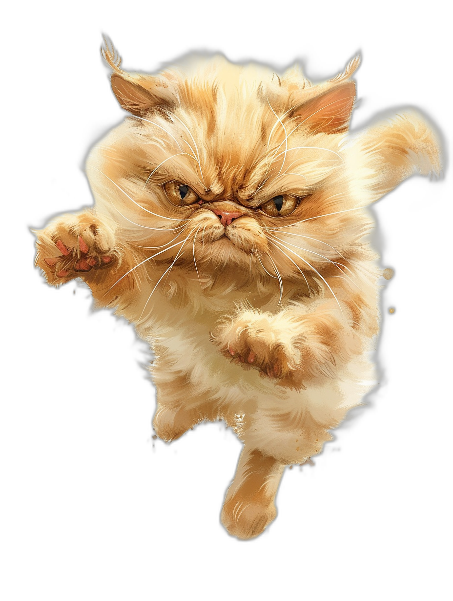 A flying Persian cat with an angry face, hyper realistic illustration in the style of, full body on a black background, high resolution