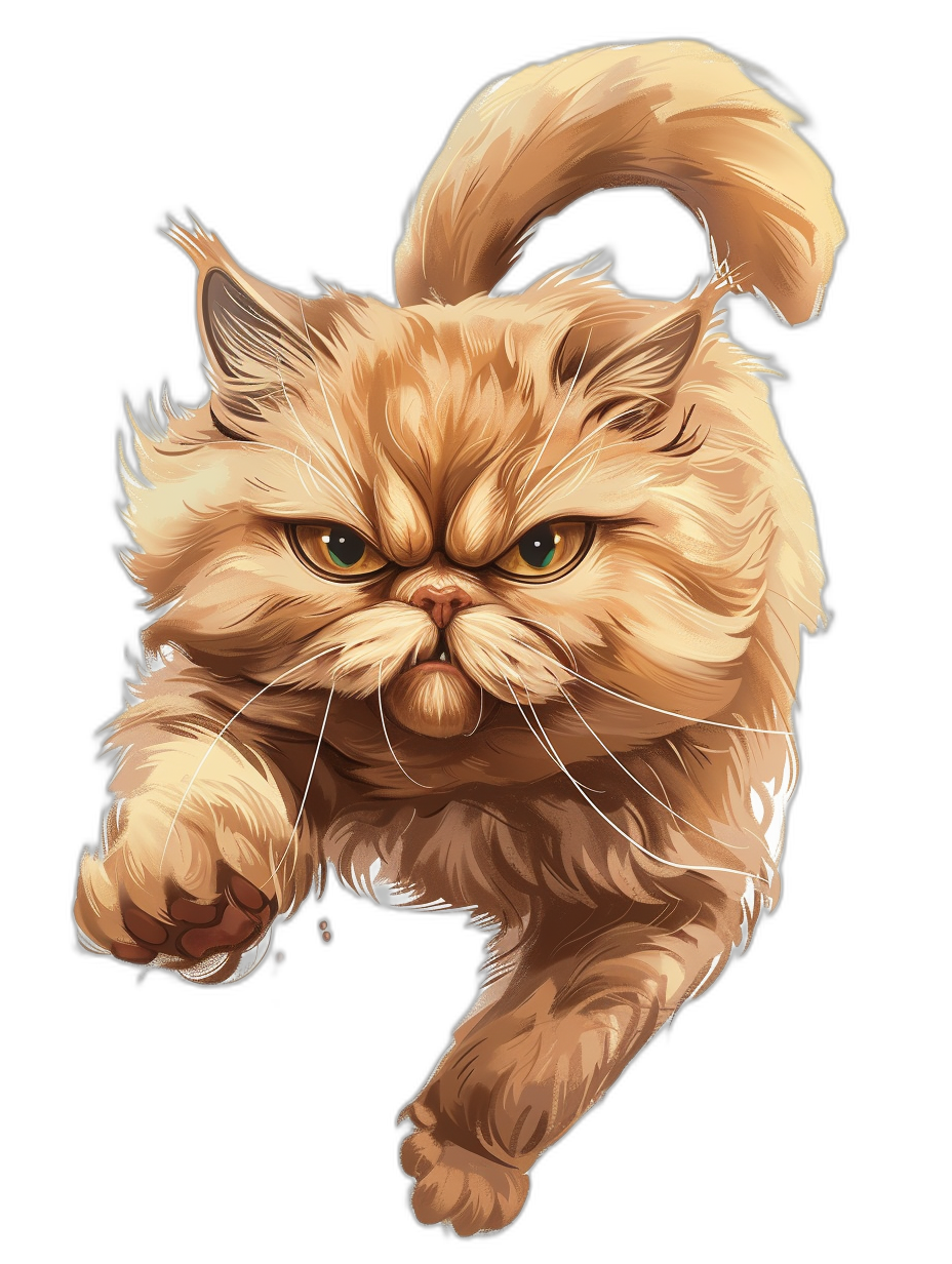 A persian cat is jumping in a vector illustration style with cartoon elements on a black background, for a game avatar design. It is a front view, full body shot drawn in a hand drawn cartoon style. The cat looks cute and adorable. The fur is a yellowish brown color with some white lines on it, which looks very delicate. It’s an extremely detailed drawing, with clear eyes and sharp facial features, giving people a feeling that they can feel its personality.