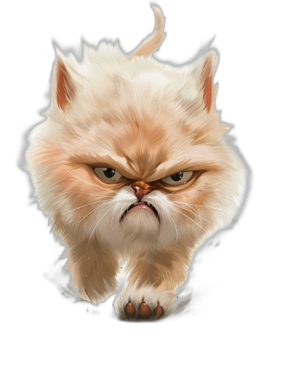 funny cartoon drawing of an angry cat, isolated on black background, in the style of digital art.