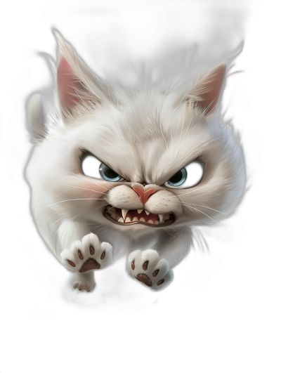 White cat with a fierce expression, jumping in the air with angry eyes, in the cute cartoon style, on a black background, with high definition and high resolution as a full body portrait, with a three-dimensional rendering effect and bright colors, showing its cute little fangs and claws. In the style of .