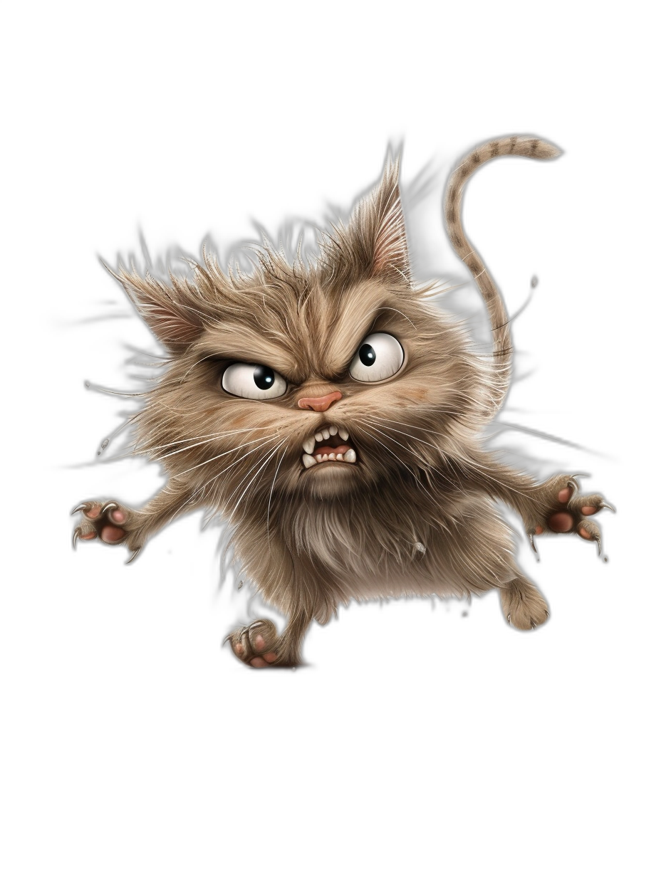 realistic cartoon caricature of an angry cat jumping on black background, full body, high detail