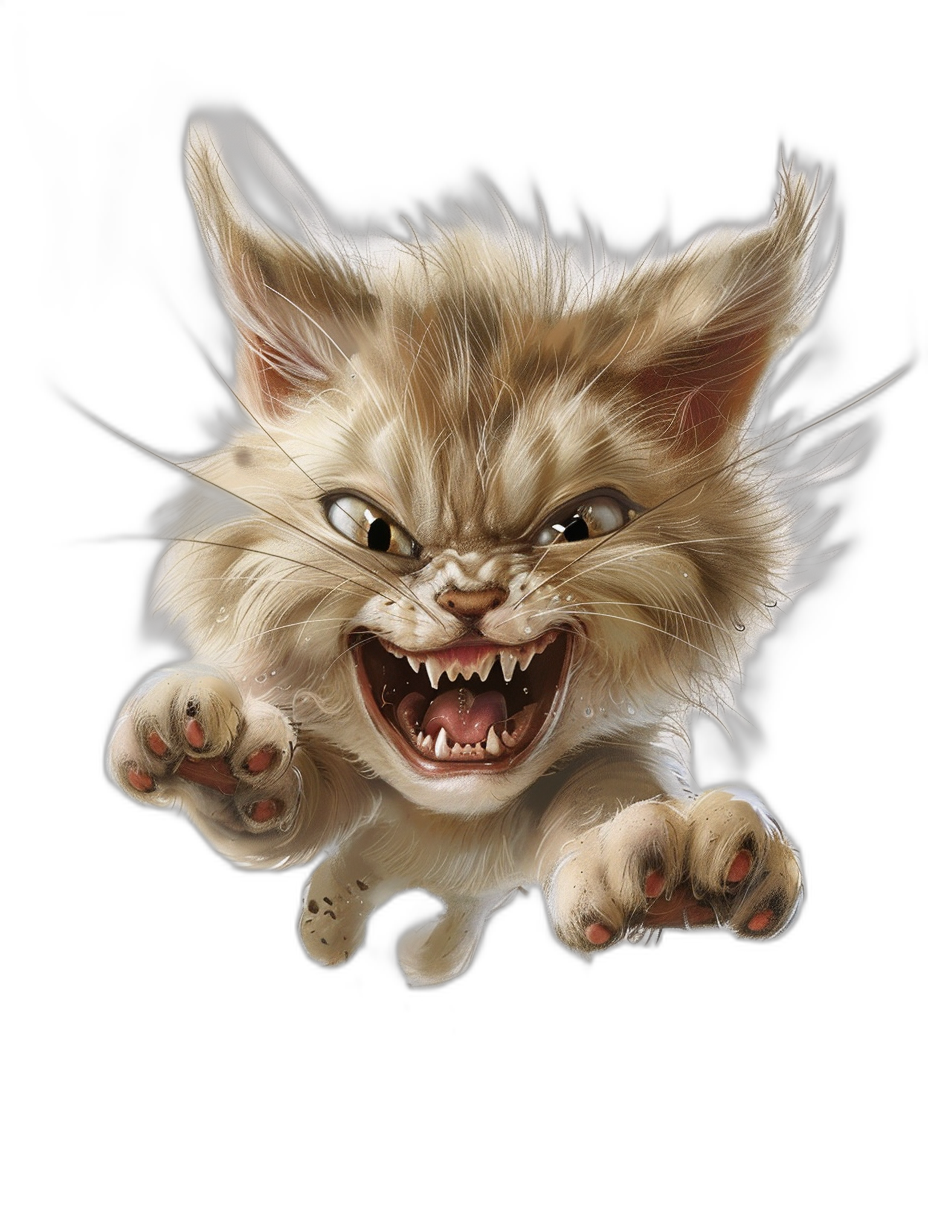 realistic digital illustration of an angry cat jumping towards the viewer, black background, full body portrait, high contrast