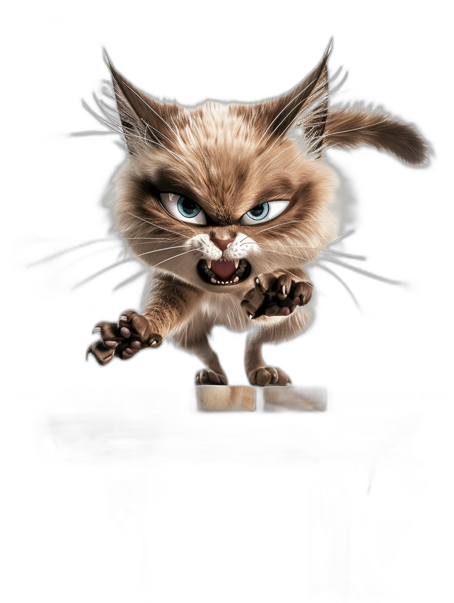 A funny cartoon of an angry cat in an action pose, isolated on a black background, full body, digital art in the style of [Walt Disney](https://goo.gl/search?artist%20Walt%20Disney) and [Don Bluth](https://goo.gl/search?artist%20Don%20Bluth), hyper realistic and hyper detailed.