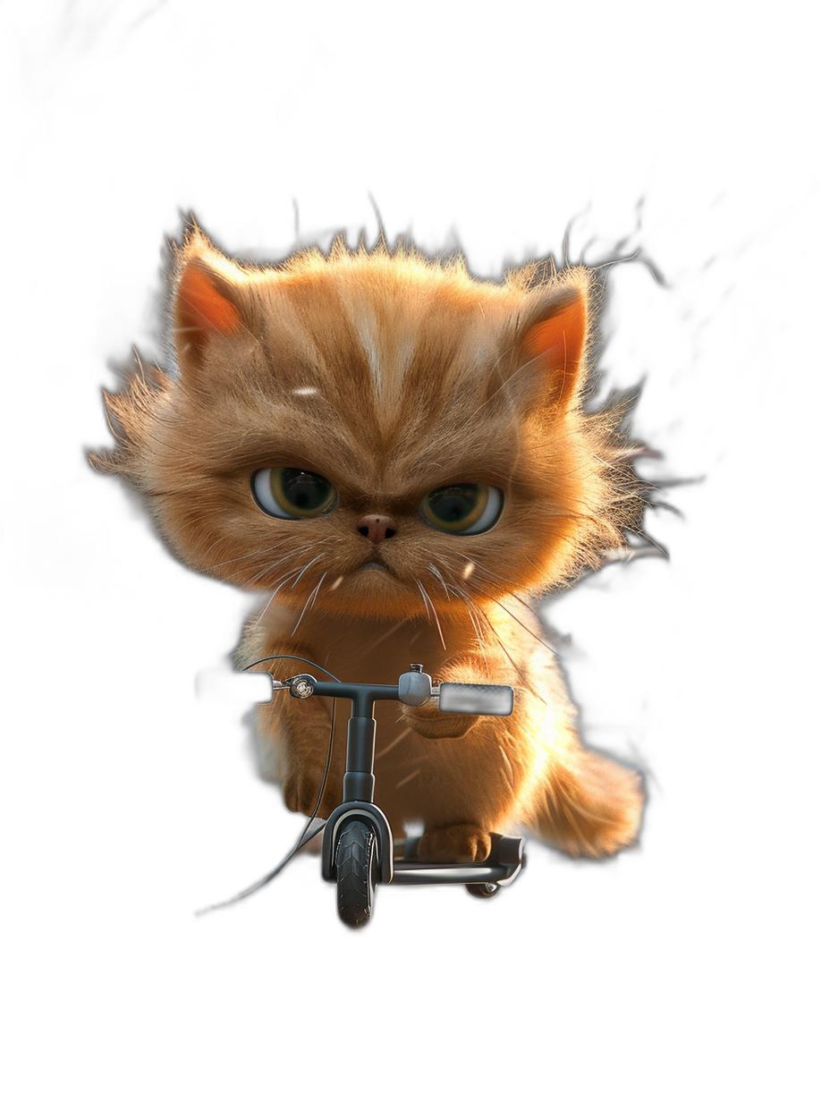 Cute fluffy cat riding a scooter, with big eyes, on a black background, in the cartoon style, as a 3D rendering, with high resolution, high quality, and high detail, in the style of Pixar Disney, with an adorable cute expression and adorable cute face.