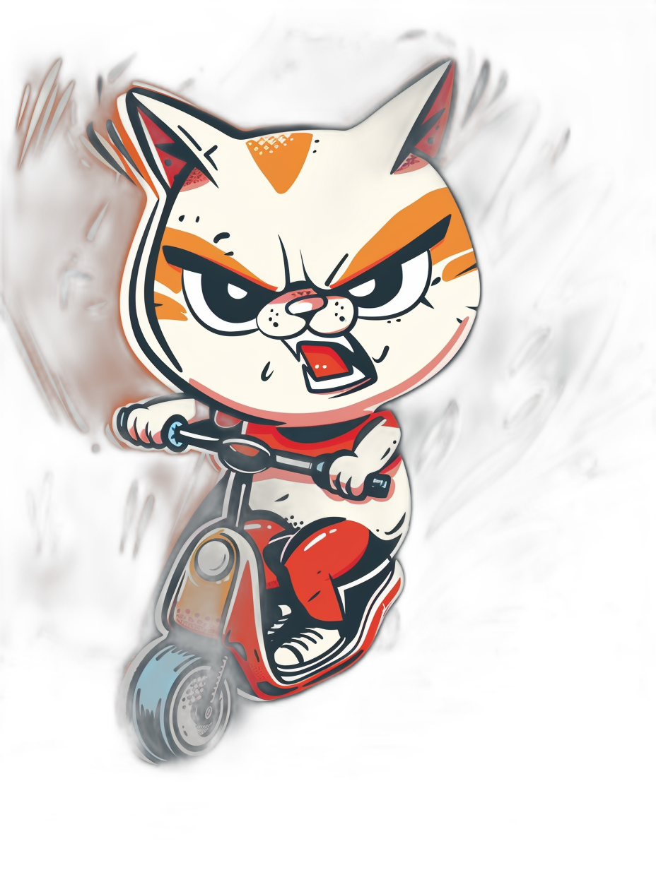 t-shirt design, cute chibi cat character riding scooter with angry facial expression, full body view against a dark background.