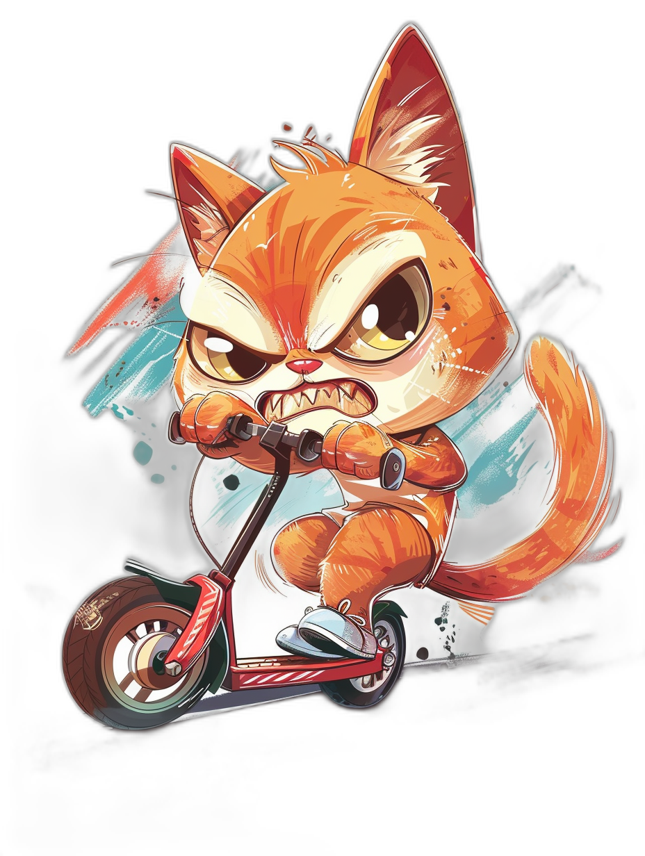 Cute chibi orange cat on a scooter with an angry expression, vector illustration for a t-shirt design on a black background in the style of colorful graffiti art, using white and red colors in a dynamic action pose with a detailed character design in a simple cartoon style, high resolution image.