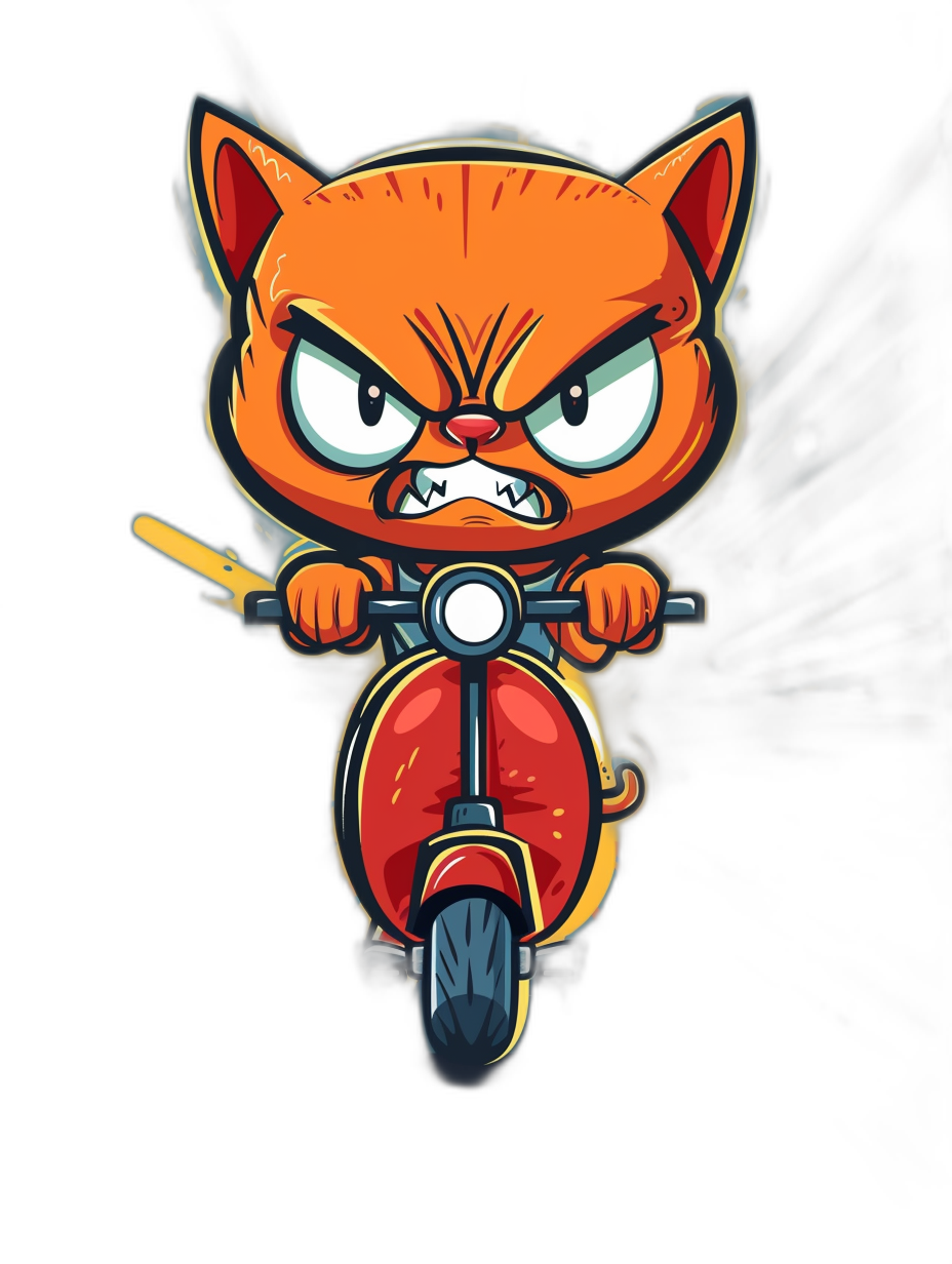 vector design of an angry orange cat riding on a scooter, isolated on a black background, in a cartoon style with thick lines and low detail shading. The character is wearing edgy , with big eyes and pouty lips, and expressive facial features that convey its intense emotions. It has sharp claws for attic spectrum control in a bold comic book style in the style of. T-shirt vector sticker print.