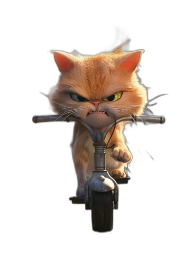 front view of a cute yet angry cat riding on a scooter, in the style of Pixar, on a black background, with high resolution and hyper realistic details.