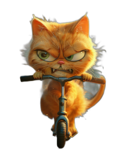 grumpy orange cat with green eyes riding on a scooter, in the style of Pixar, cartoon character design, black background, high resolution, high detail, high quality