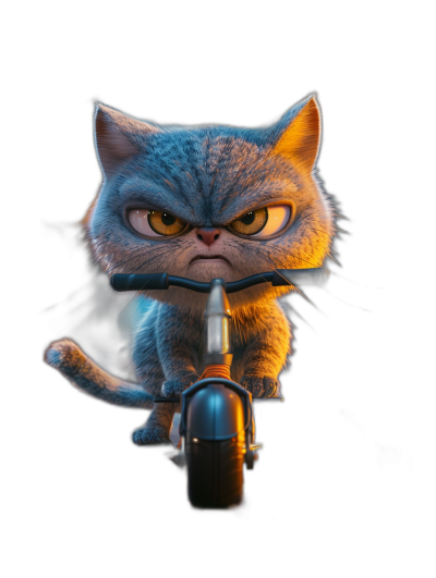 3D render, angry cat on bike, cartoon style, in the style of Pixar art from Disney and Pixar studio, matte black background, high resolution, cinematic light shot from the front