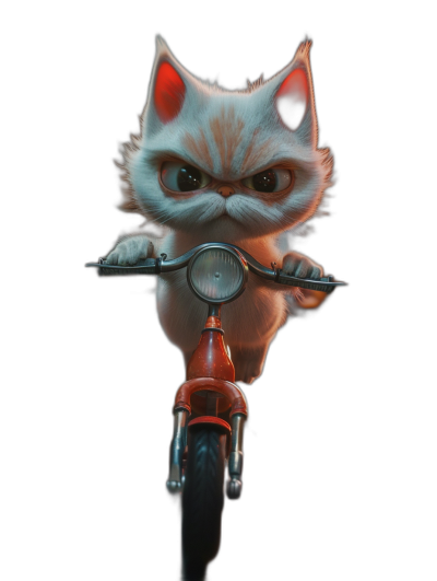 front view of a cute white cat with red ears and dark eyes riding on a bike, in the style of cartoon, 3d render, black background, in the style of Pixar movie posters