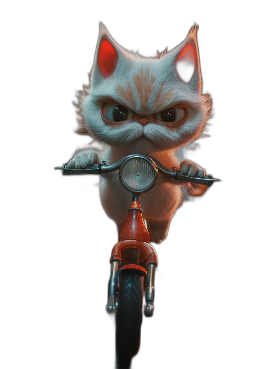 front view of a cute white cat with red ears and dark eyes riding on a bike, in the style of cartoon, 3d render, black background, in the style of Pixar movie posters