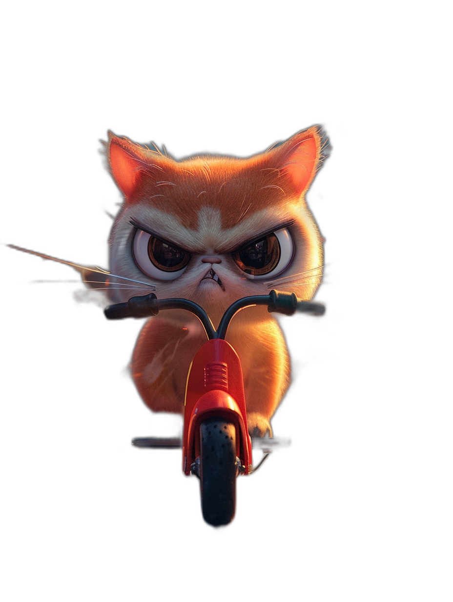 front view, angry cute cat riding on a red scooter against a black background, in the style of Disney Pixar with cute eyes and a cartoon style, an adorable render in the style of Disney Pixar, octane rendering, cinematic, ray tracing, beautifully detailed at a high resolution.