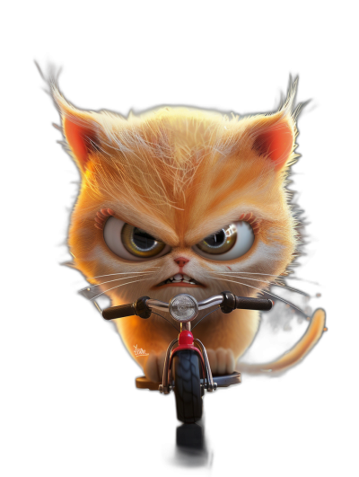 A cute cartoon cat with an angry expression, riding on the front of a motorbike in a black background, in the style of [Tiago Hoisel](https://goo.gl/search?artist%20Tiago%20Hoisel) and Pixar, caricature-like, high resolution, hyper-realistic.