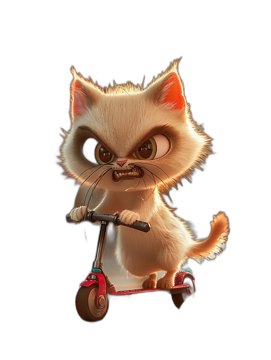 character design of an angry cute cat on a scooter, 3D render, black background, in the style of Pixar