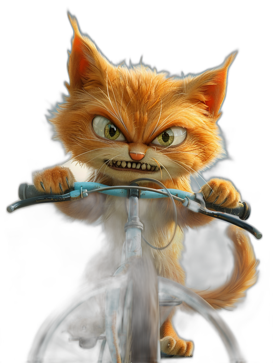 realistic cartoon illustration of an angry orange cat riding on the handlebar of a bicycle, black background, digital art in the style of Disney and Pixar, cute big eyes, full body portrait