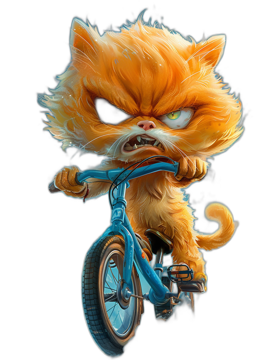 A cute orange cat with an angry expression, riding on the front of a bicycle, in an anthropomorphic style, on a black background, in a cartoon style, with detailed character design in the style of Disney Pixar and Chibi art styles, wearing colorful , with detailed facial features, cute big eyes, sharp teeth, at a high resolution, of high quality, as a full body shot, with high detail.