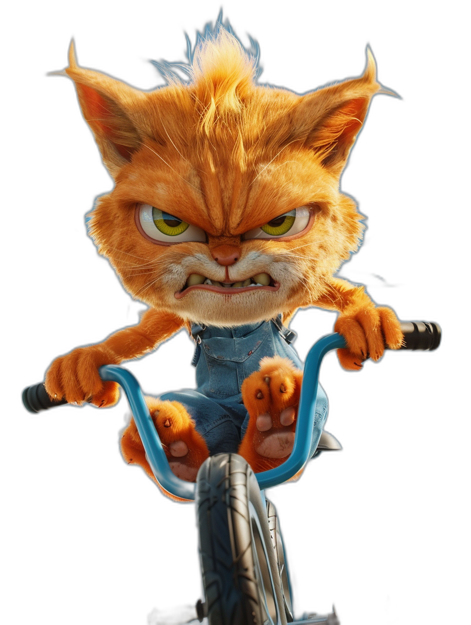 A cute orange cat with yellow eyes, wearing blue overalls and riding an electric bike on the road, with an angry expression, in the style of Pixar, on a black background, in high definition.