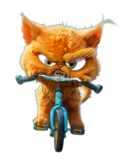 realistic cartoon illustration of an angry orange cat riding on the front of a blue bike, against a black background, in the style of [David LaChapelle](https://goo.gl/search?artist%20David%20LaChapelle) and [Tim Burton](https://goo.gl/search?artist%20Tim%20Burton)