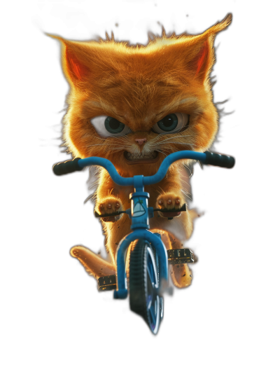 front view of an angry ginger cat riding on a blue bike against a black background, in the style of Pixar.