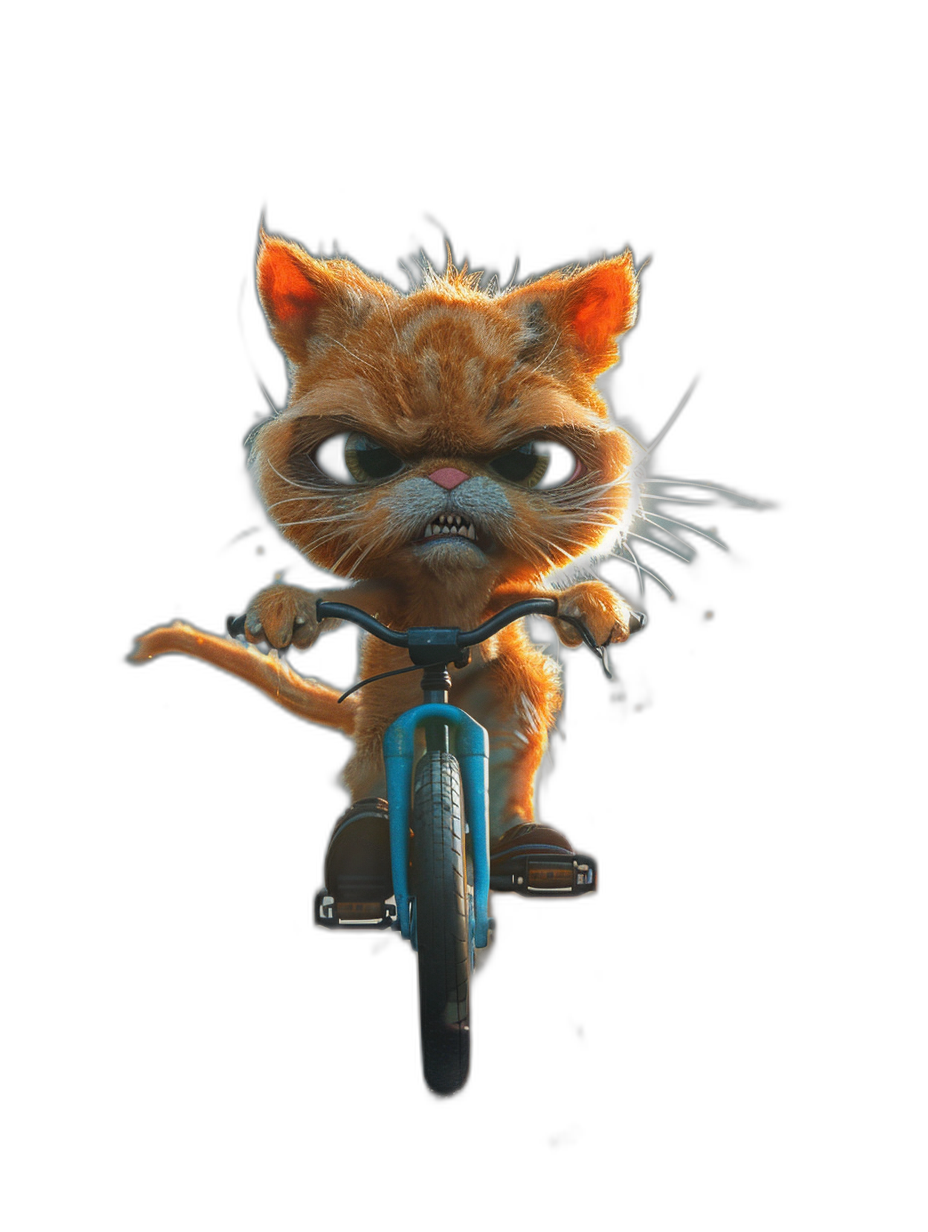 A cute orange cat riding on the front of a bicycle with an angry expression against a pure black background, in the style of Pixar with high definition photography, movie light effects, super details, high resolution, 3D rendering, high quality.