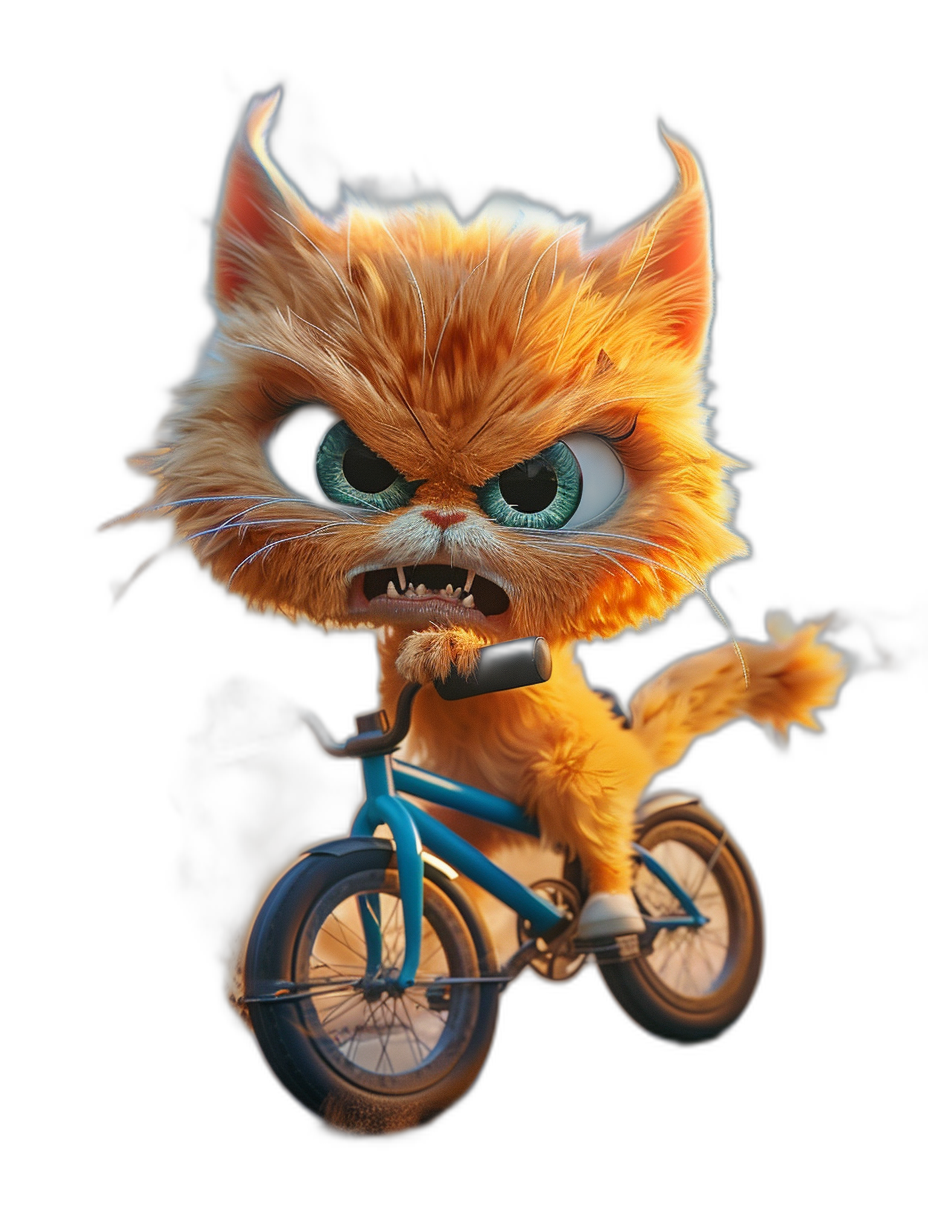 3D cartoon happy cute cat riding bicycle with angry face expression in the style of Pixar on black background