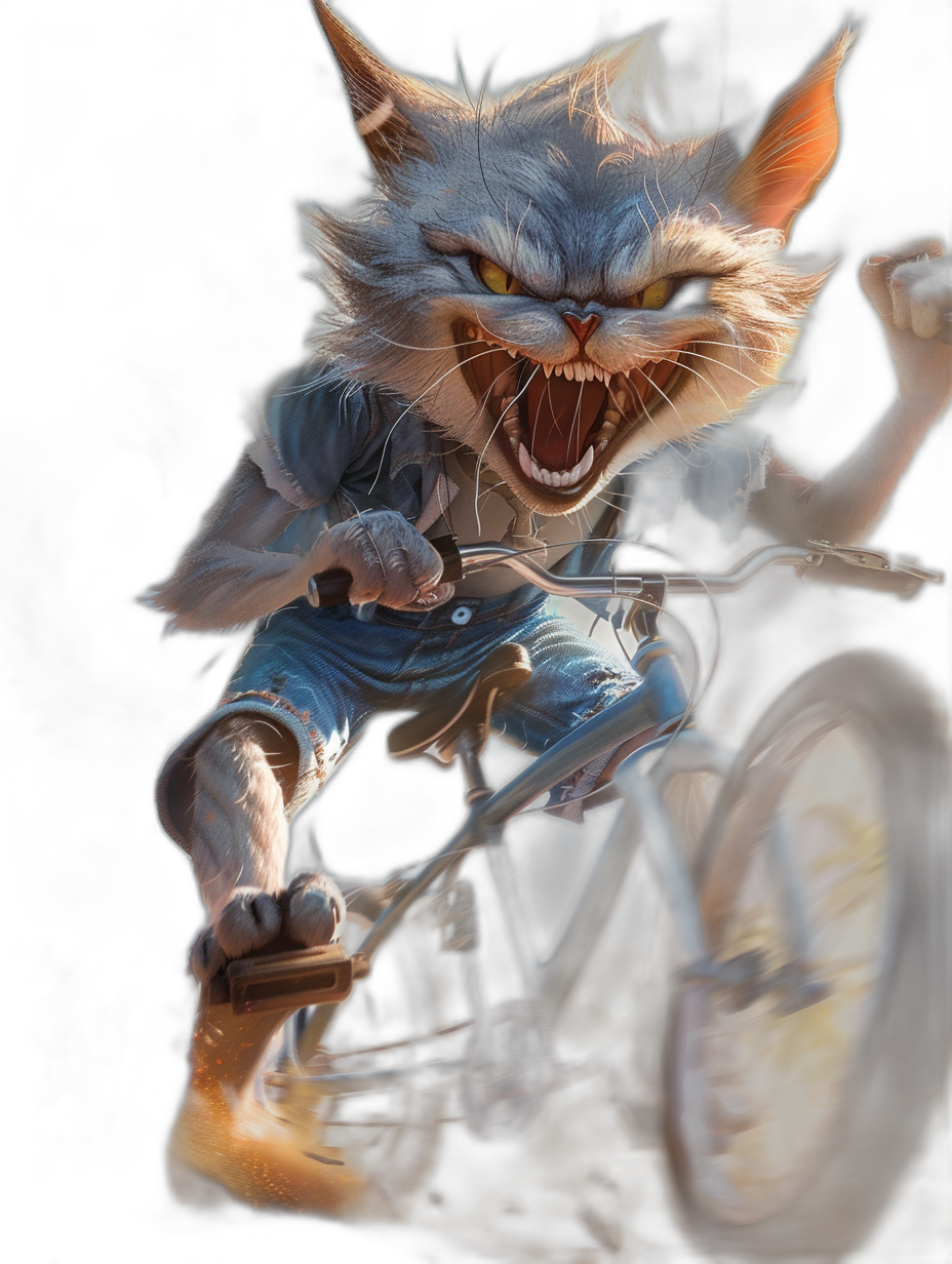 evil grinning cat riding a bicycle, wearing blue jeans and a white shirt, in a fantasy art style, hyper realistic, with a dark background, a full body portrait, high resolution, a digital painting, concept art, in the style of [Greg Rutkowski](https://goo.gl/search?artist%20Greg%20Rutkowski)