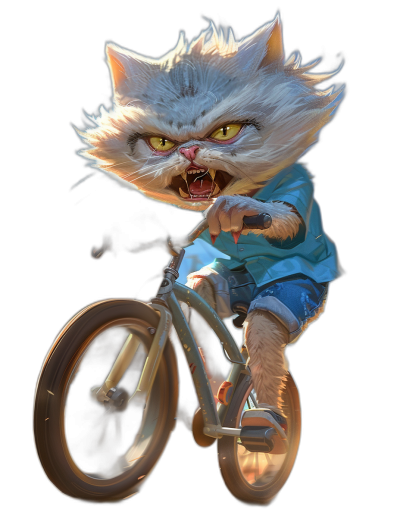 3D render of an angry white cat riding on the front wheel, wearing a blue t-shirt and shorts, with yellow eyes, against a black background, full body shot, in the style of Pixar, riding a bmx bike