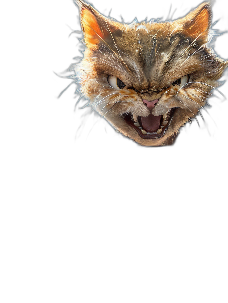 A cute smiling cat’s head is flying out of the black background, showing its teeth and claws. It has an angry expression on it, with light speed effects rendered in the style of high definition.