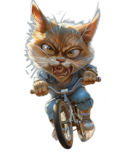 A cute and mischievous cat with an angry expression, riding on the front of a bicycle in blue overalls. The illustration is in the caricature style of cartoon art, showing a full body portrait against a black background in a dynamic pose. Vibrant colors and high detail make it appear hyperrealistic like a character design sheet done as a digital painting.