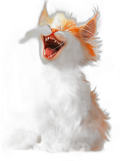 realistic creature concept art of an orange and white cat with large teeth laughing against a black background, in the style of a digital painting