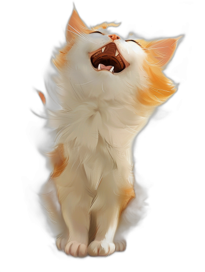 A cute happy cat howling, with white and orange fur, on a black background, in the fantasy art style, of a digital painting.