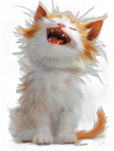 digital art of a cute kitten laughing heartily and showing its teeth. The kitten has white and orange fur against a black background. It is a digital painting with soft lighting, created in the style of a digital artist.