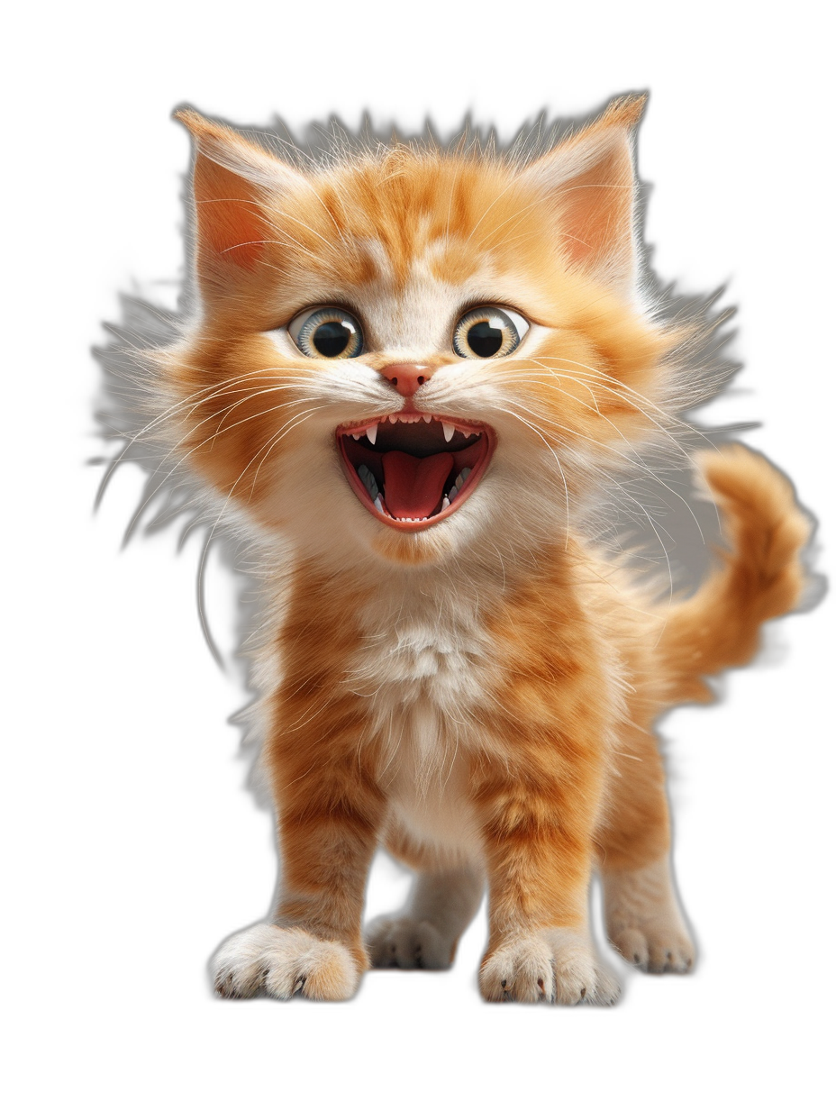 3D render of a cute happy orange cat with its mouth open, isolated on a black background, in the style of Pixar.