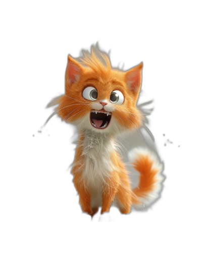 A cute orange and white cat is jumping and laughing with its mouth open, with fluffy hair on a black background, in the style of Pixar, in the style of Disney, with 3D rendering, in the style of cartoon animation character design, in high definition.