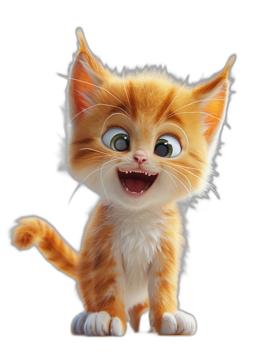 A cute smiling orange and white kitten with big eyes, in the style of Pixar, on a black background, shown in full body, with 3D rendering, playful character design, in the Disney animation studio style, with detailed fur texture, concept art in the style of Pixar.