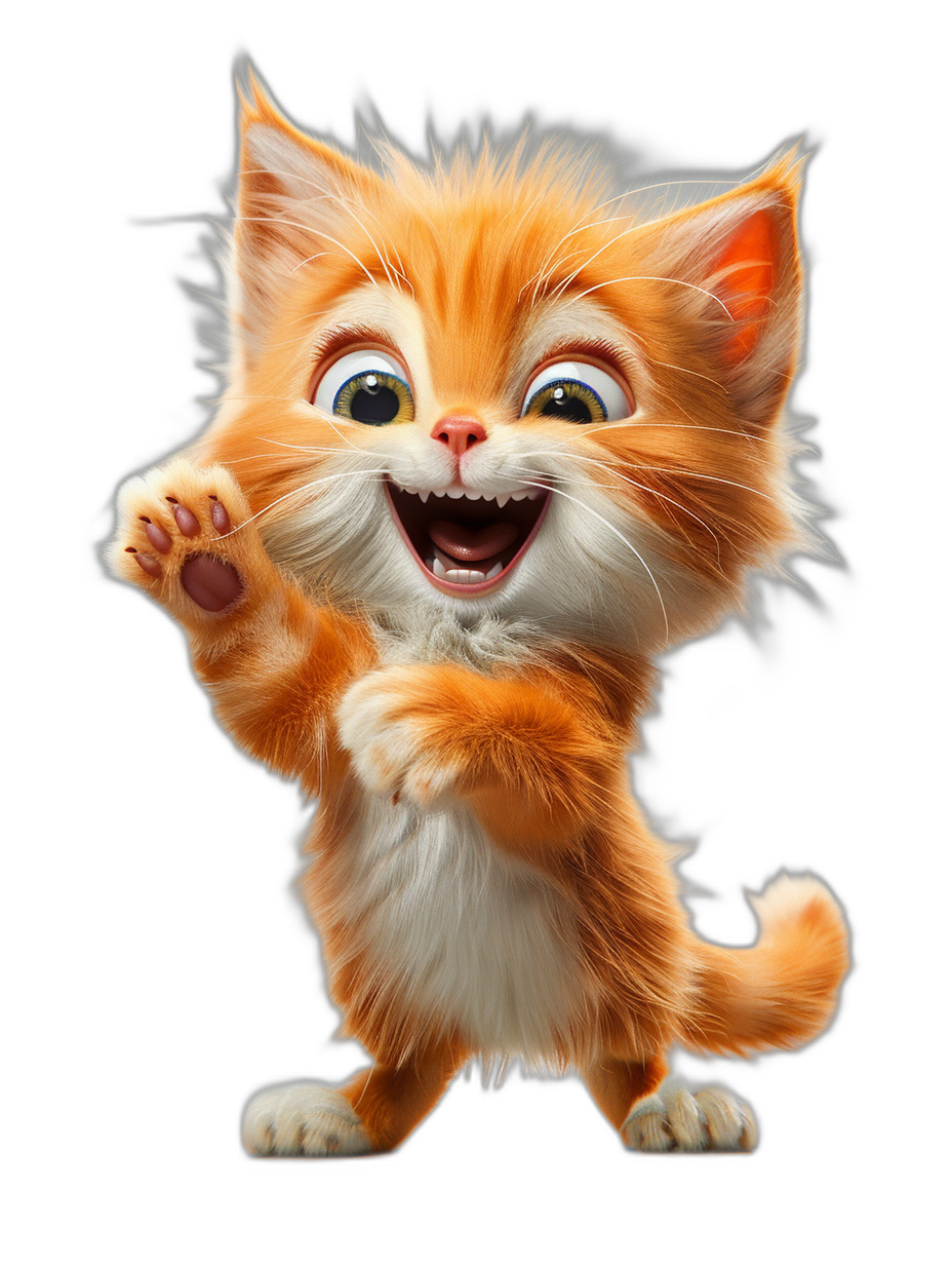 3D render of a happy, smiling orange cat with a full body in the cartoon style of Pixar animation. The cat has big eyes and looks cute and adorable. It is furry art for kids with one paw waving in the air against a black background. The render is high quality.