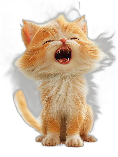 3D render of a cute, happy smiling orange cat with closed eyes and mouth open, full body, on a black background, smoke around the kitten, in the style of hyper realistic photography