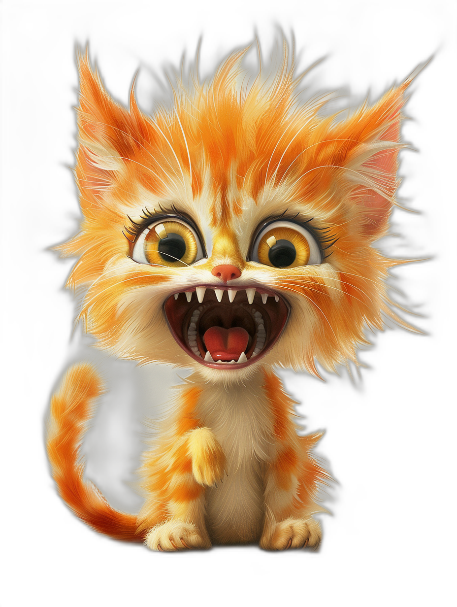 character design of an orange and white kitten with big teeth, cute cartoon character in the style of [Tiago Hoisel](https://goo.gl/search?artist%20Tiago%20Hoisel), caricature-like, playful caricatures, high contrast lighting, dark background