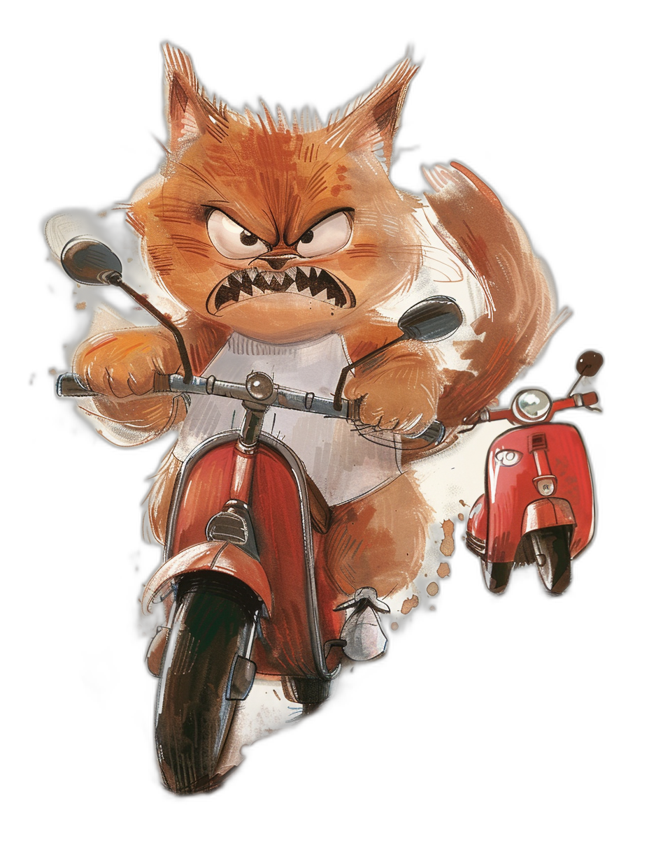 A cartoonish, chubby orange cat with an angry expression riding on the back of a red scooter wearing a white T-shirt and black pants, in the style of [Ralph Bakshi](https://goo.gl/search?artist%20Ralph%20Bakshi), solid background, raw style, stylized in detailed watercolor.