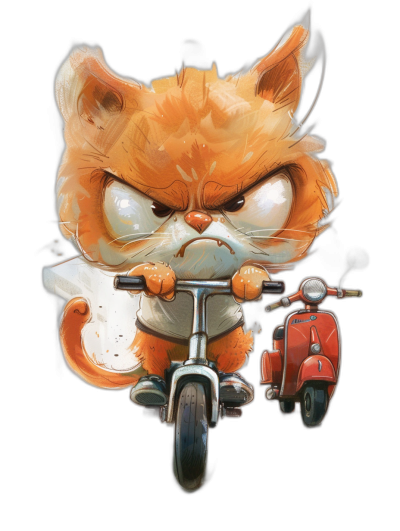 Grumpy orange cat with an angry face riding on a scooter, in a cartoon style, vector design for a t-shirt and with a black background, character concept art in the style of Disney Pixar, with white smoke coming out of the back of his head, with a little red motorcycle next to him, high resolution.