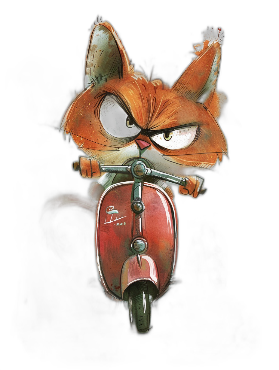 vector drawing of an angry cat riding on the back of a red scooter, on a black background, in the style of [Ralph Steadman](https://goo.gl/search?artist%20Ralph%20Steadman) and [Goro Fujita](https://goo.gl/search?artist%20Goro%20Fujita)
