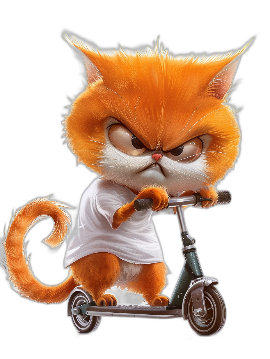 grumpy orange cat in a white t-shirt riding a scooter, in the style of Pixar, cartoon character design, black background, high resolution