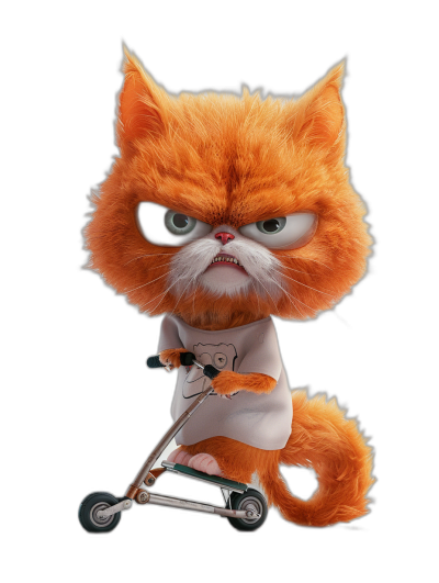 grumpy orange cat with a white shirt and long hair, riding a scooter, black background, in the style of Pixar style cartoon character, high quality render, fluffy fur, cute big eyes