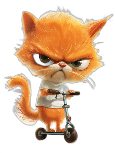 grumpy orange cat cartoon character wearing a white t-shirt, riding a scooter with an angry face on a black background, in the style of Pixar studio