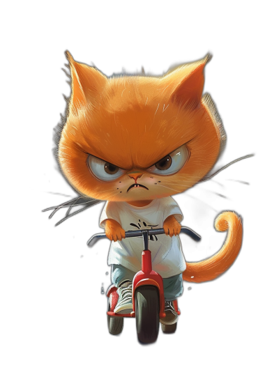 Cute cartoon orange cat riding on a children's tricycle with an angry expression, wearing a white T-shirt and jeans with a black background, in the style of Pixar, in the style of Disney, high definition.