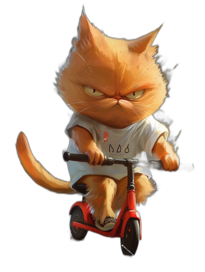 A cute orange cat wearing a white t-shirt, riding a red scooter with a black background, an angry face, in the style of Pixar, a full body shot, high resolution