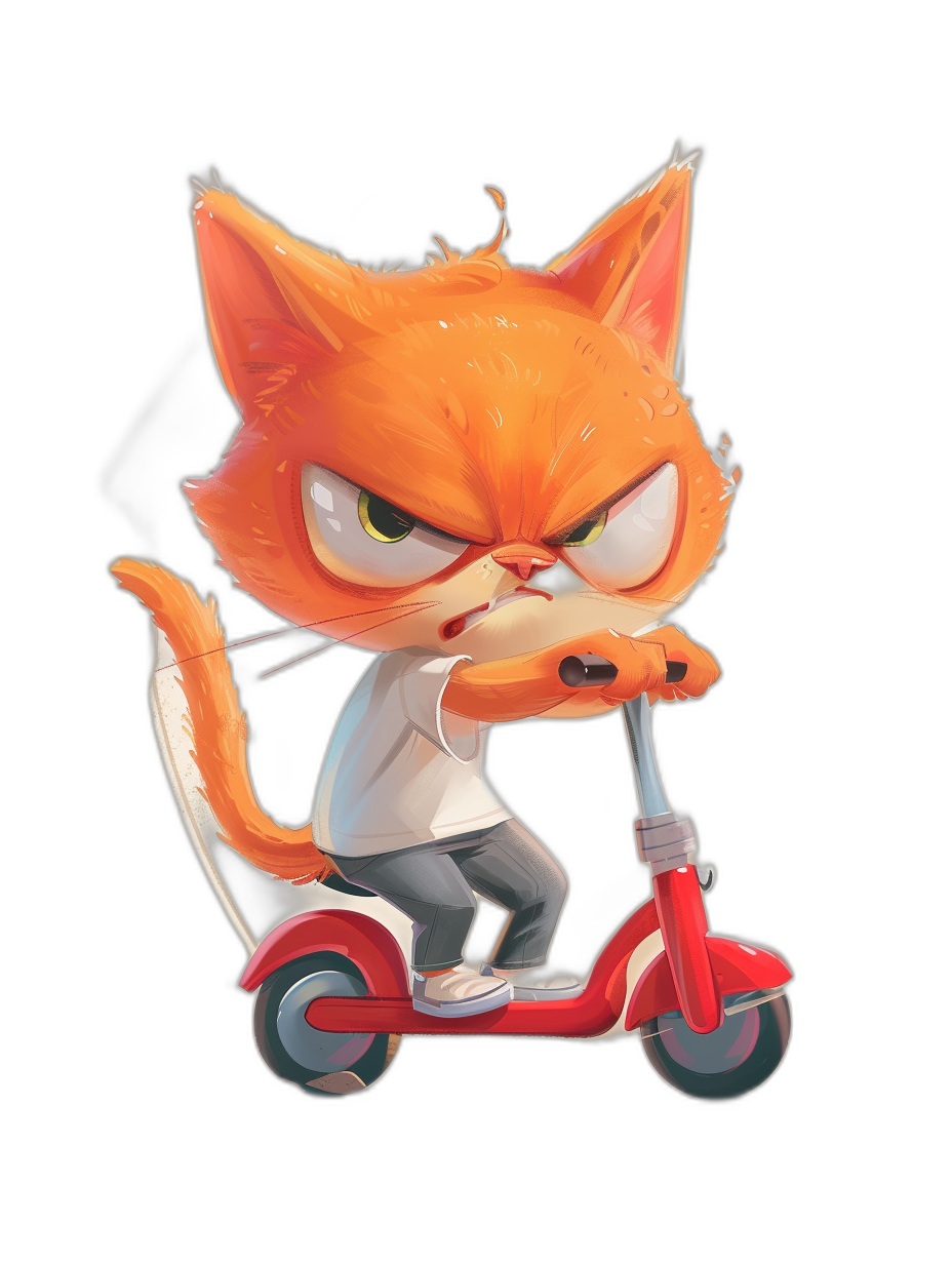 Character design of an angry orange cat riding on a scooter, black background, in the style of chibi.